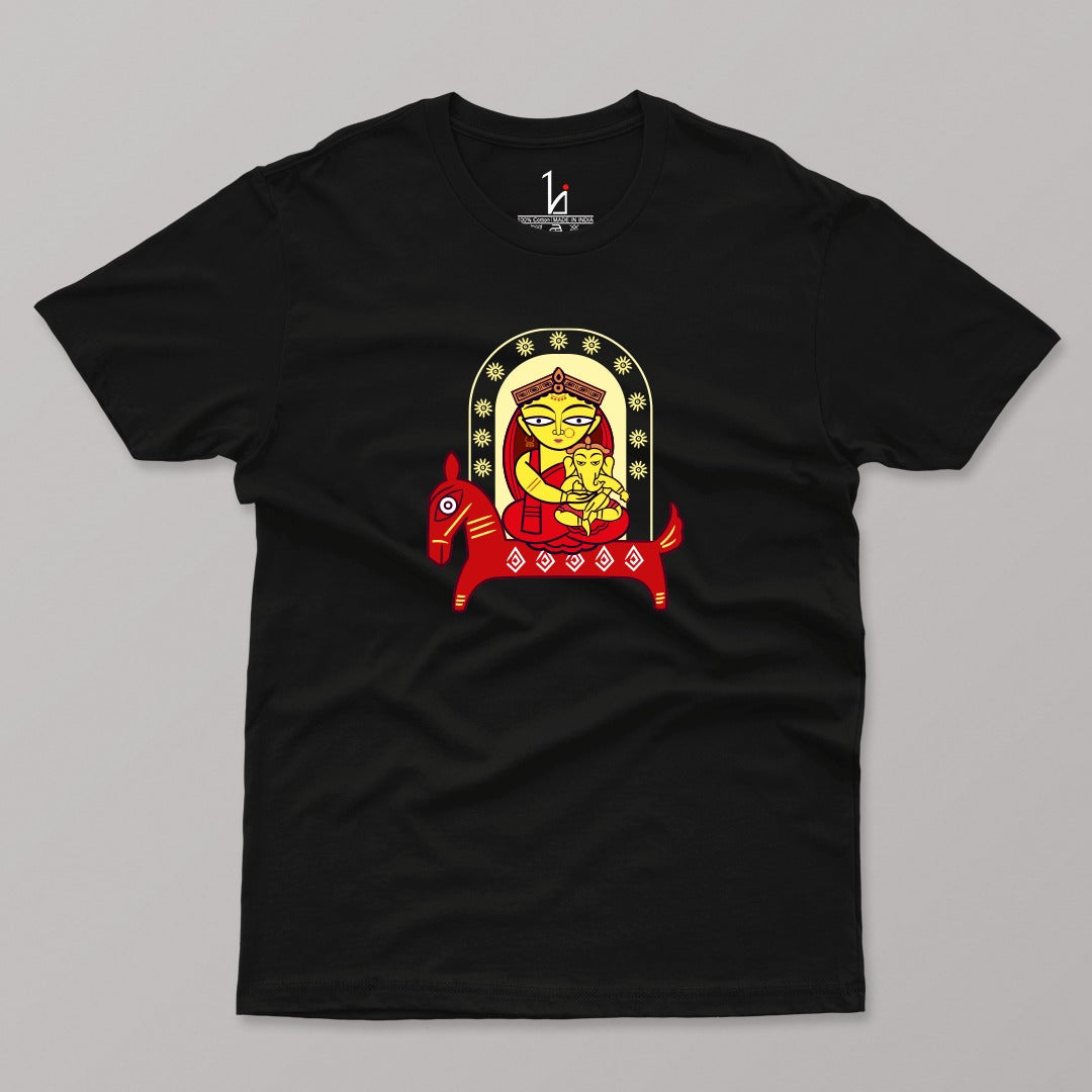 Durga Ma Patachitra Style- Black Half Sleeves T-shirt